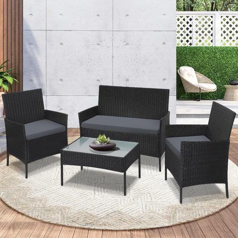 Outdoor Furniture Setting 4PCS Patio Garden Table Chairs Set Wicker Seat Black and Grey