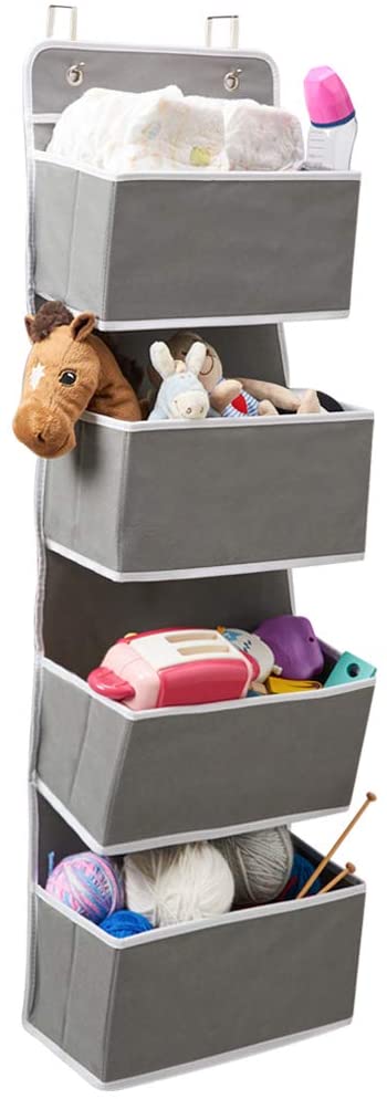 Over the Door Hanging Storage Organizer with 4 Pouch Pocket for Baby Nursery Grey