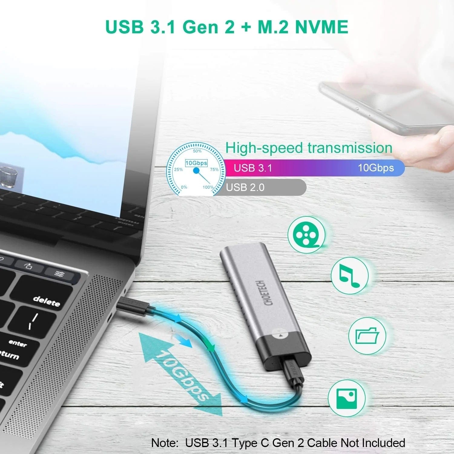 Pc-Hde03 Nvme Pcie M.2 Ssd To Usb 3.1 Type C Gen 2 Adapter And Enclosure