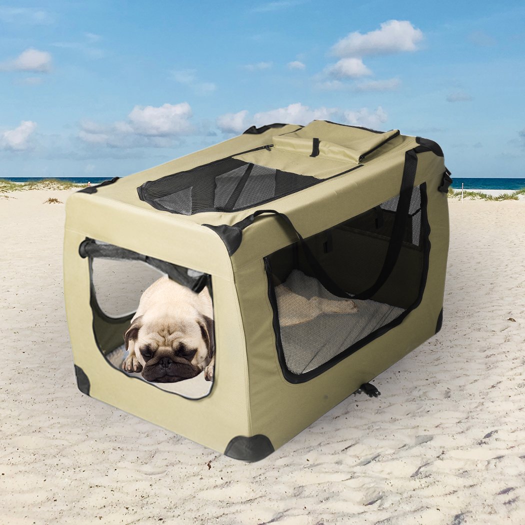 Pet Products Pet Travel Carrier Kennel Folding Soft Sided Dog Crate For Car Cage Large Khaki M