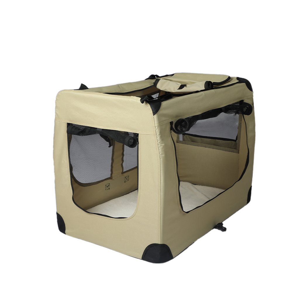 Pet Products Pet Travel Carrier Kennel Folding Soft Sided Dog Crate For Car Cage Large Khaki S
