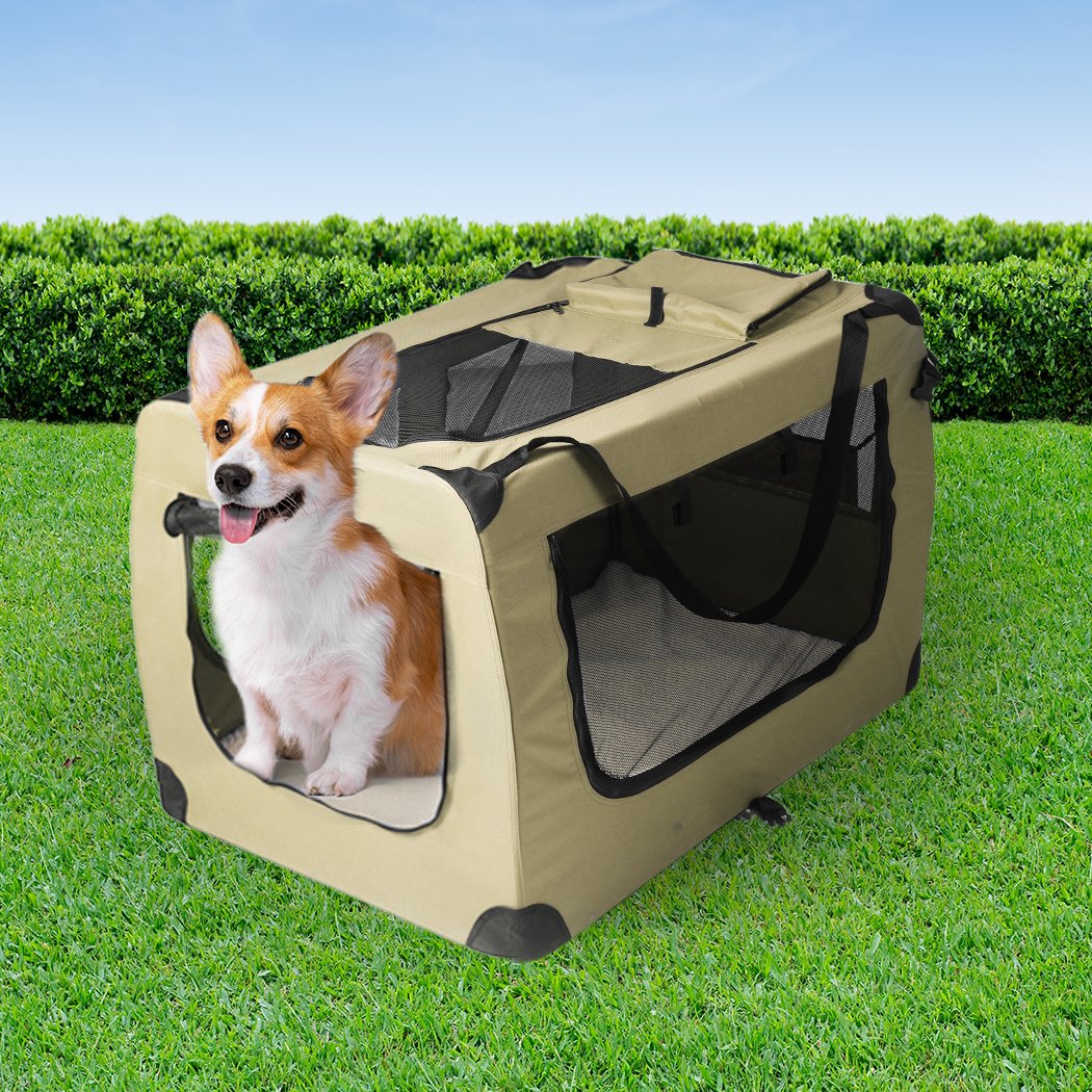 Pet Products Pet Travel Carrier Kennel Folding Soft Sided Dog Crate For Car Cage Large Khaki S