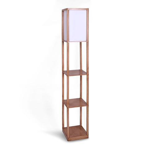 Plastic Etagere Floor Lamp Off-White Fabric Shade in Oak Wood Finish