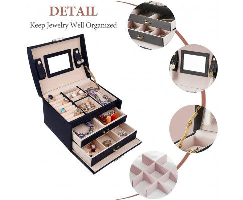 Portable PU leather Travel Jewelry box with three-layer