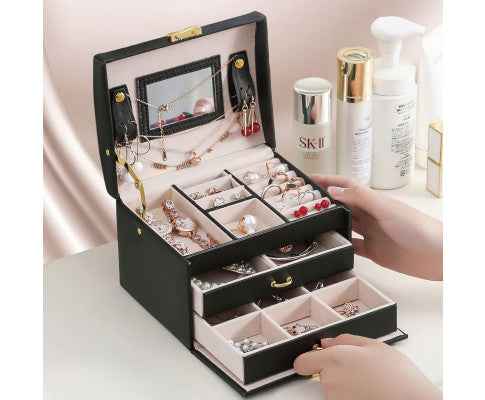 Portable PU leather Travel Jewelry box with three-layer