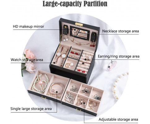 Portable PU leather Travel Jewelry box with three-layer