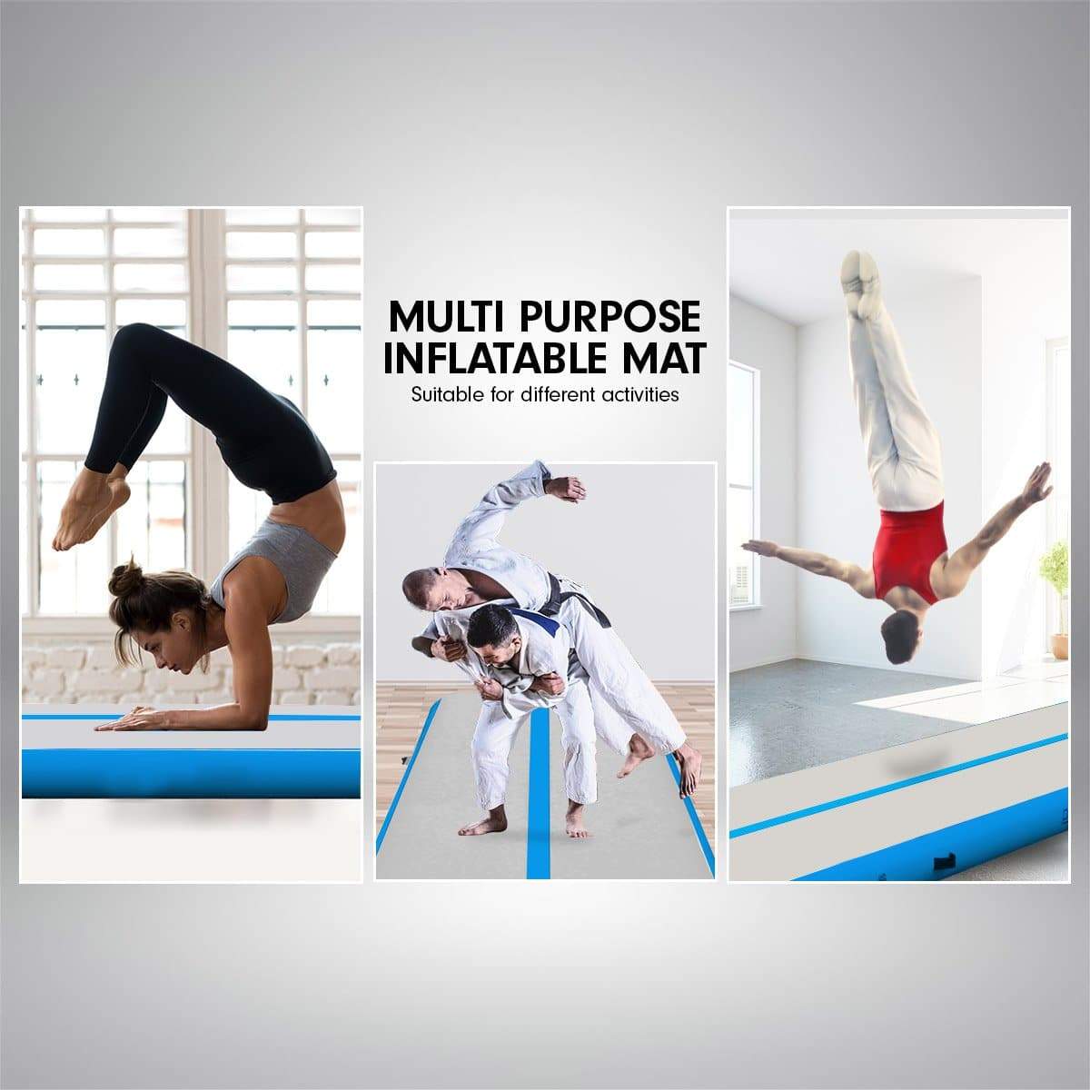 Powertrain 6m x 2m Airtrack Tumbling Mat Gymnastics Exercise Grey Blue