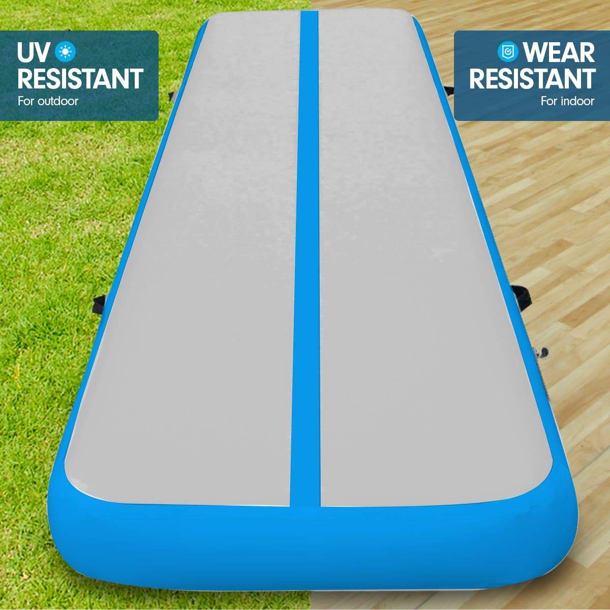 Powertrain 6m x 2m Airtrack Tumbling Mat Gymnastics Exercise Grey Blue