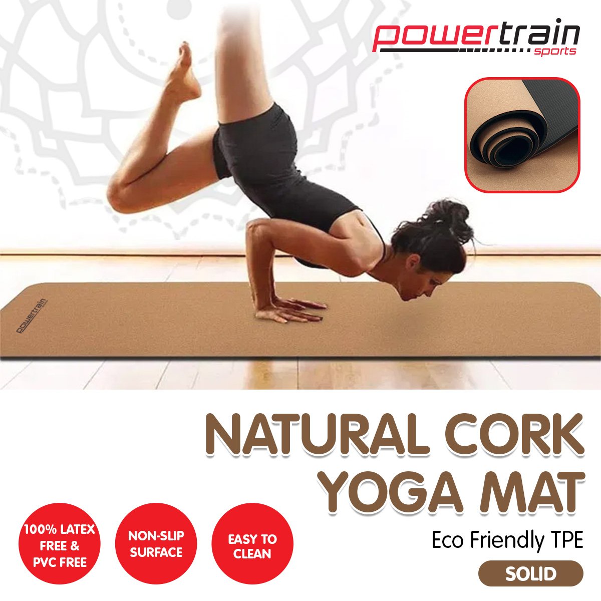 Powertrain Cork Yoga Mat with Carry Straps Home Gym Pilates - Plain
