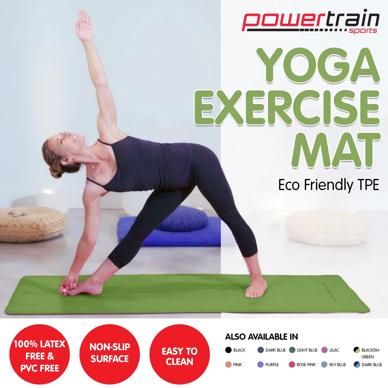 Powertrain Eco-Friendly TPE Yoga Pilates Exercise Mat 6mm - Green