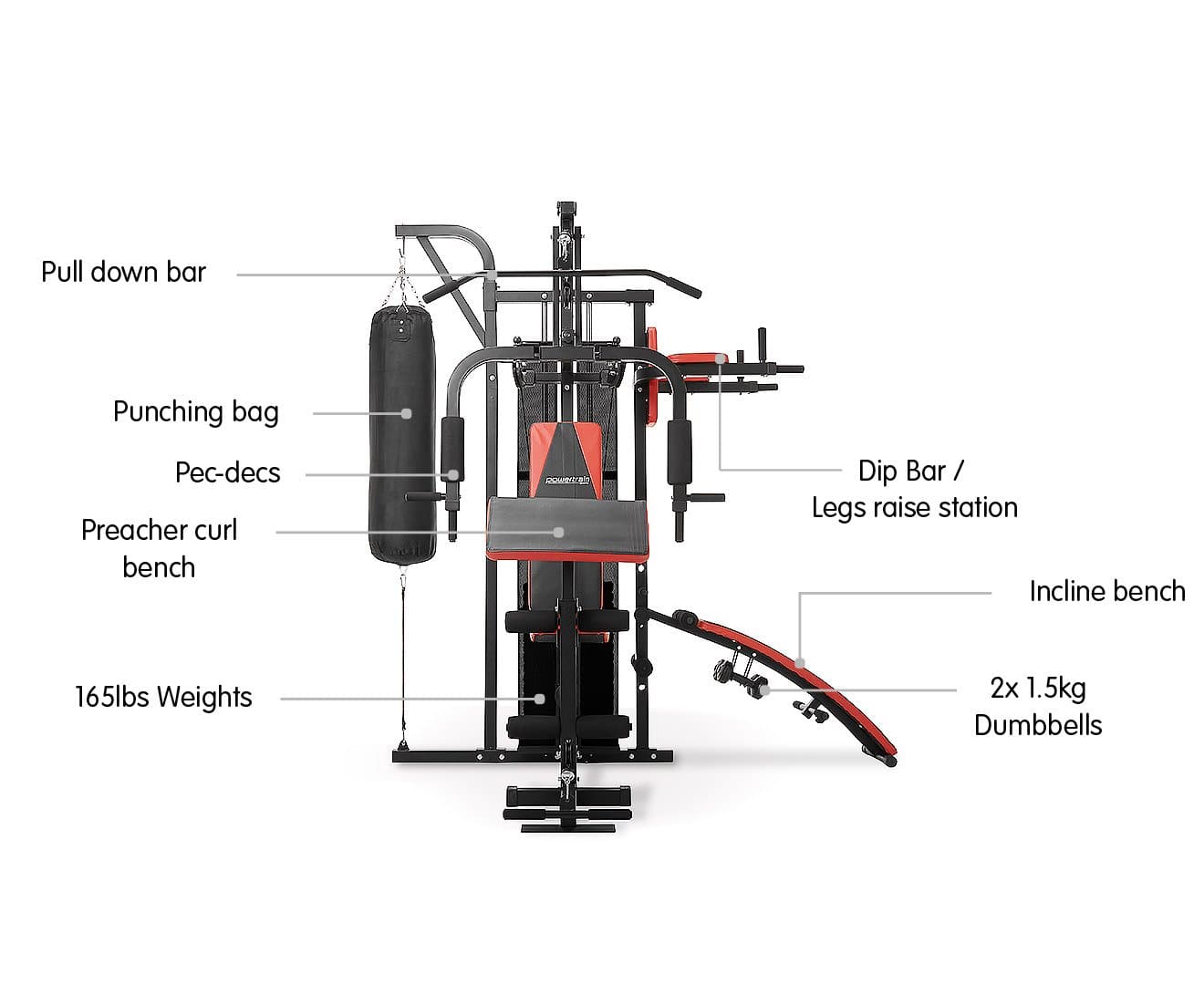 Powertrain Multi-Station Home Gym with Punching Bag - 165lbs