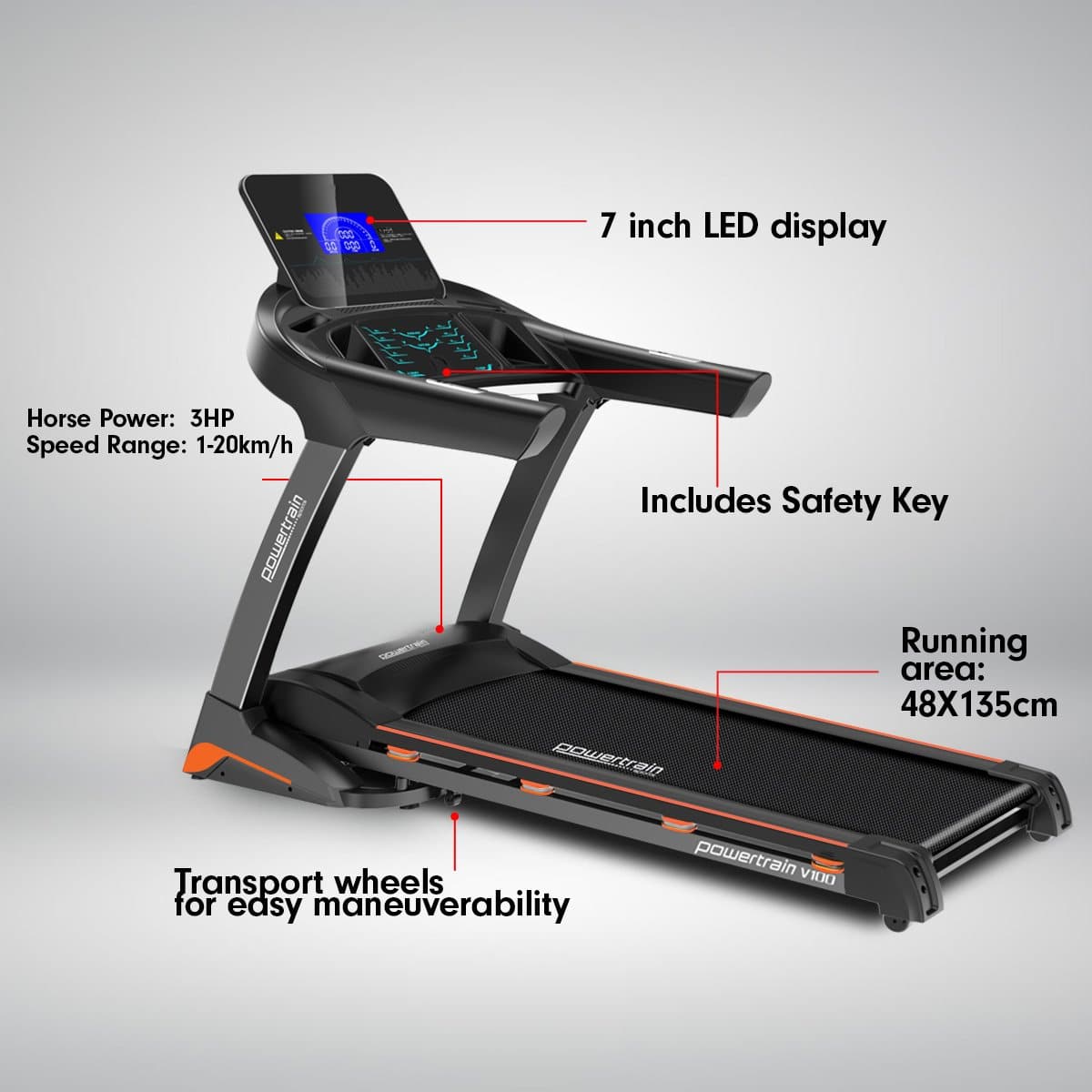 PowerTrain Treadmill V100 Cardio Running Exercise Fitness Home Gym