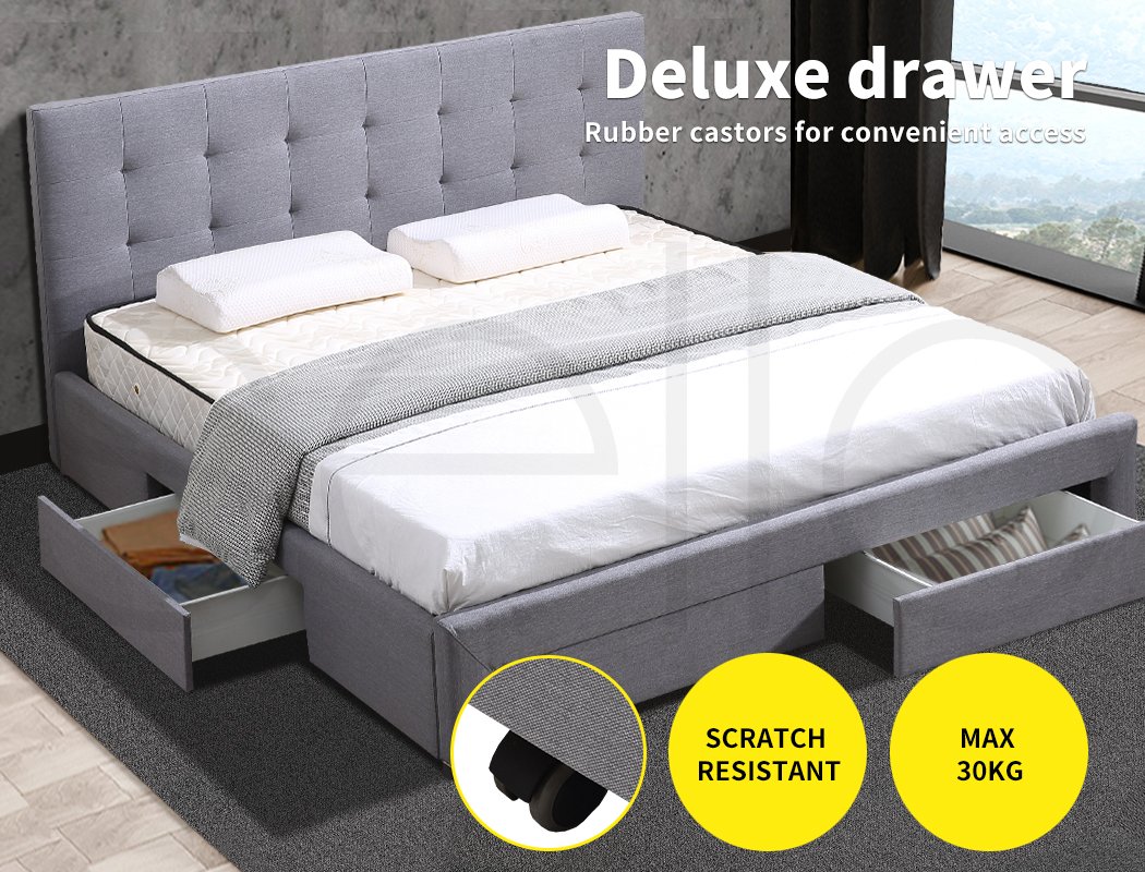 Bedroom Premium fabric Double Bed Frame Base With Storage Drawer-Grey