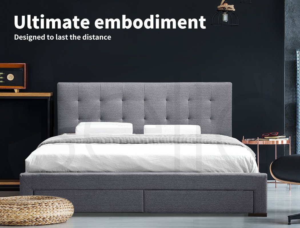 Bedroom Premium fabric Double Bed Frame Base With Storage Drawer-Grey