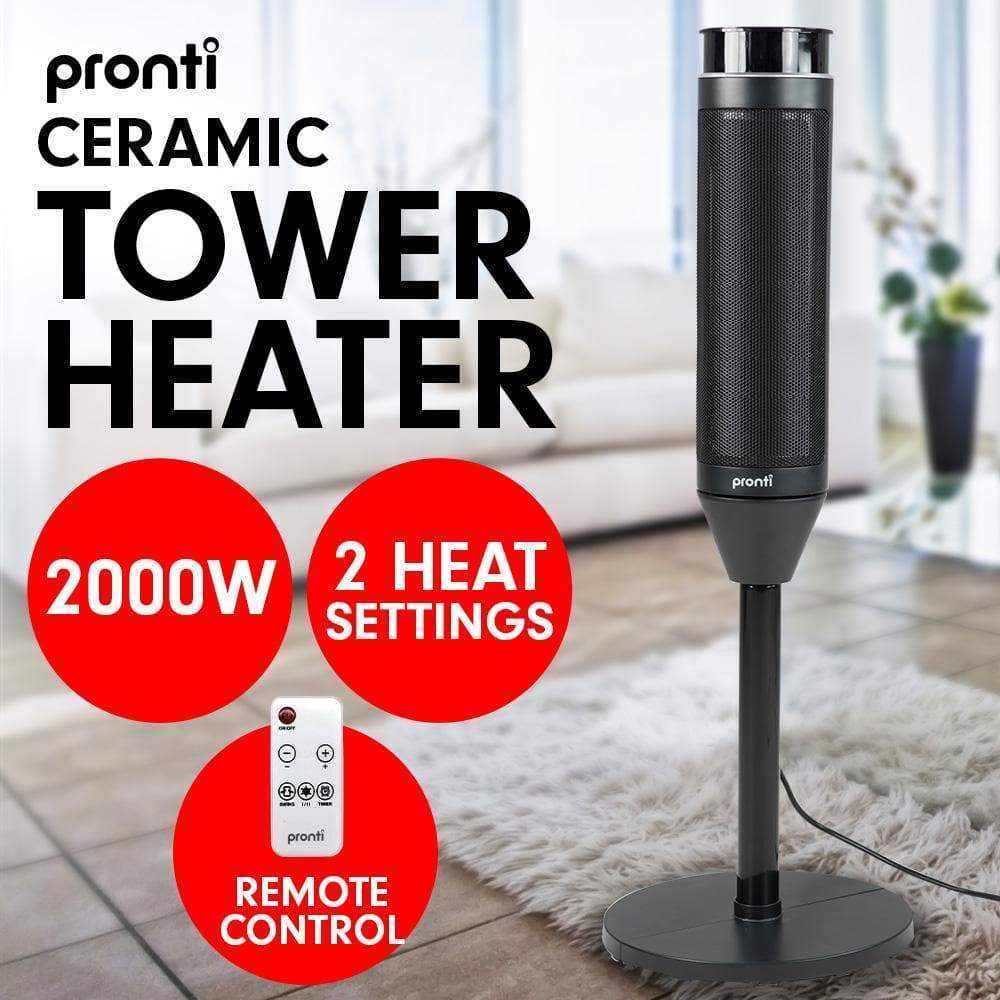 Pronti Electric Tower Heater 2000W Ceramic Portable Remote - Black