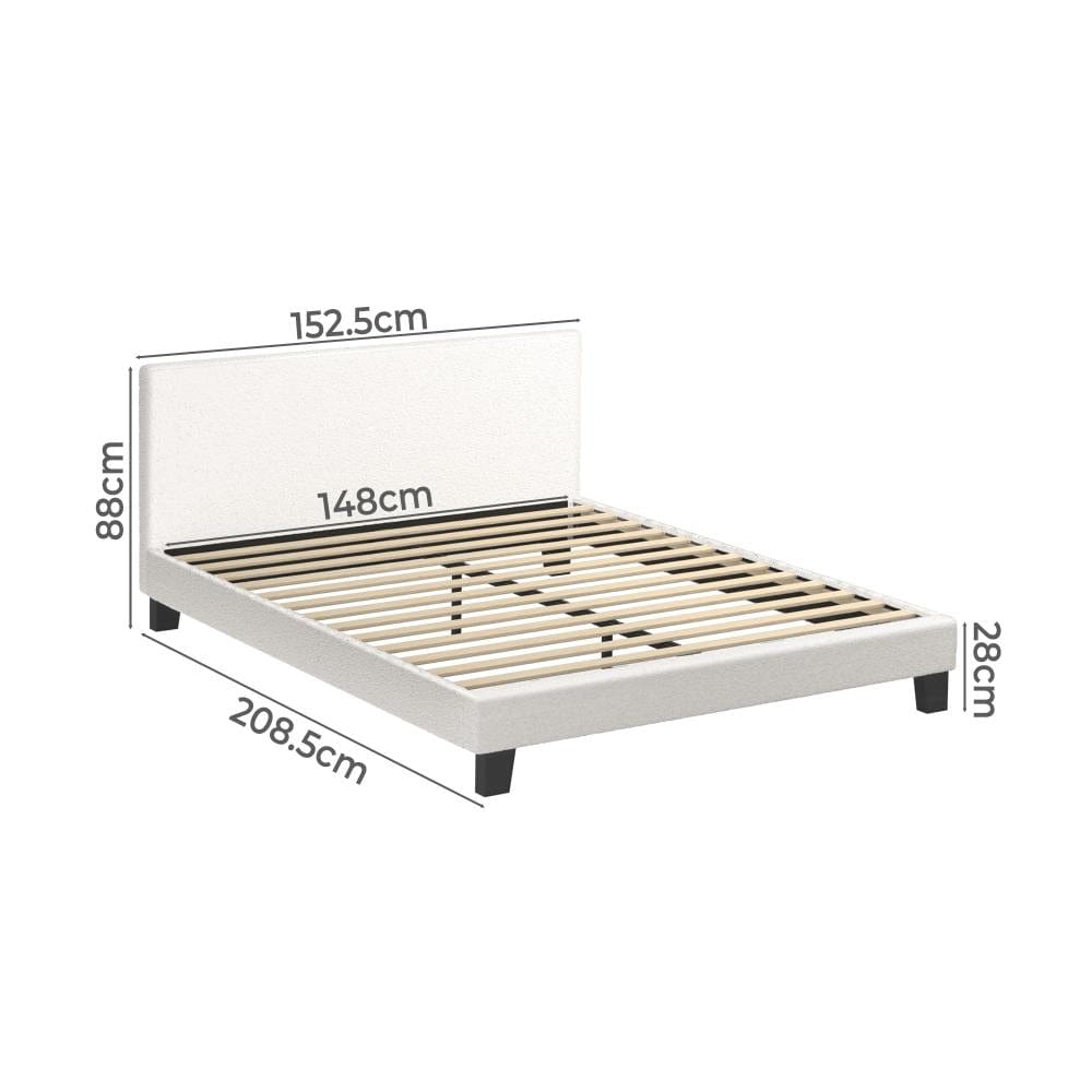 Queen Bed Frame with Wooden Slats and Boucle Fabric Bed Base Mattress Platfrom White