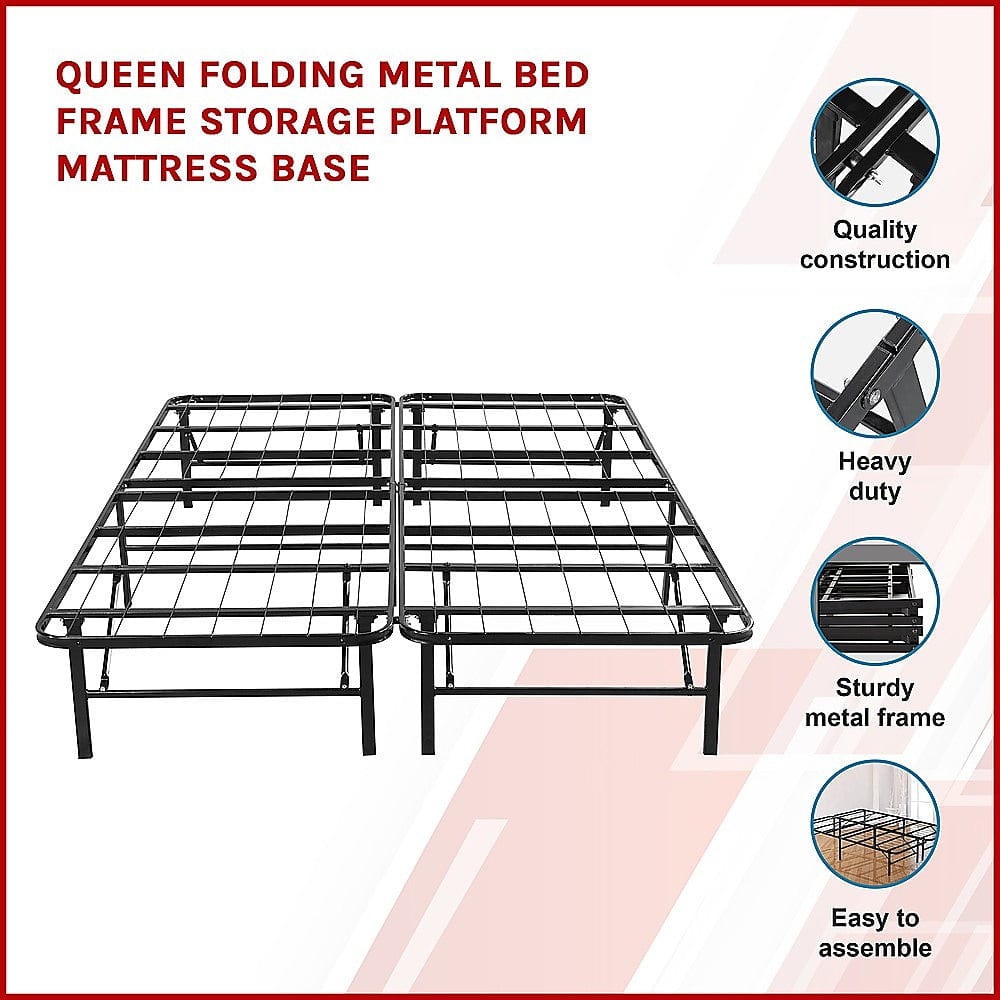 Queen Folding Metal Bed Frame Storage Platform Mattress Base