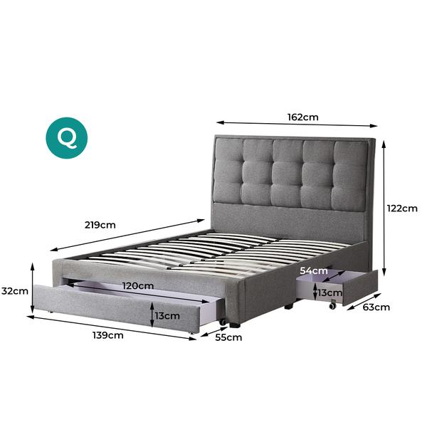 bedroom Queen Size Base with Three Drawers Linen Cotton Bed Frame Grey