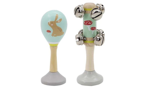 Rabbit Wooden Maraca & Bell Stick Set