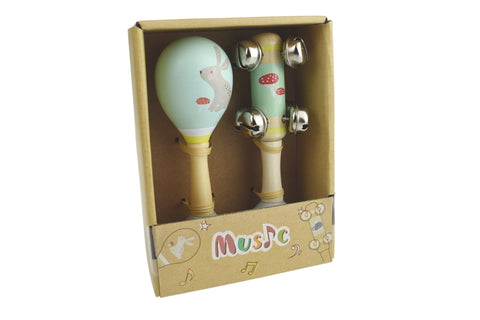 Rabbit Wooden Maraca & Bell Stick Set