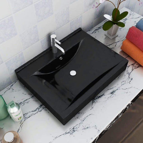 vidaxl35- Rectangular Ceramic Basin Black with Faucet Hole 60x46cm