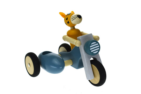 Retro Lge Motor Tricycle With Cute Leopard Driver Blue