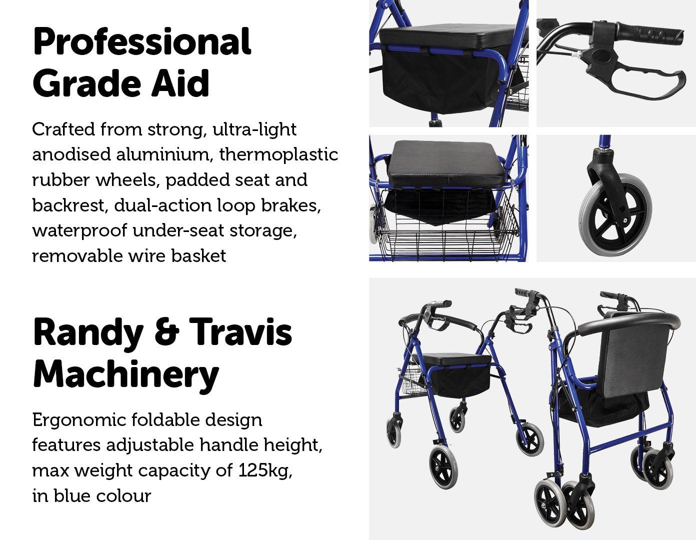 Personal Care Rollator Walker Walking Frame With Wheels Blue