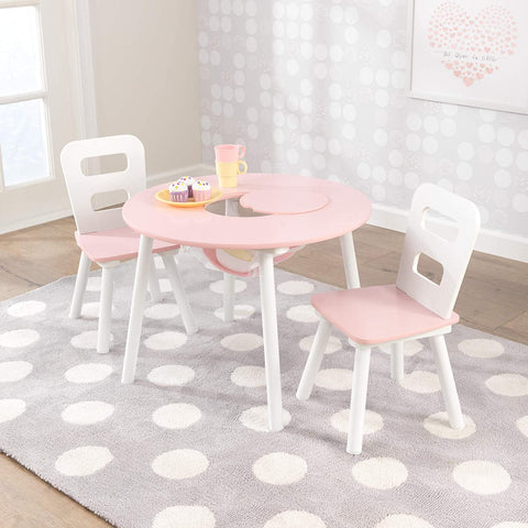 Round Table And 2 Chair Set For Children (White And Pink