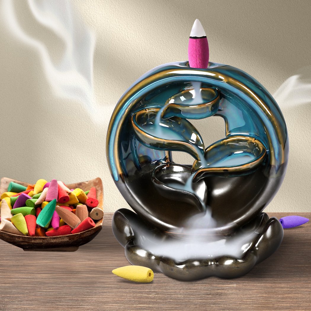 Incense Burner Rounded Waterfall Smoke Cone Holder + 10 Cones
