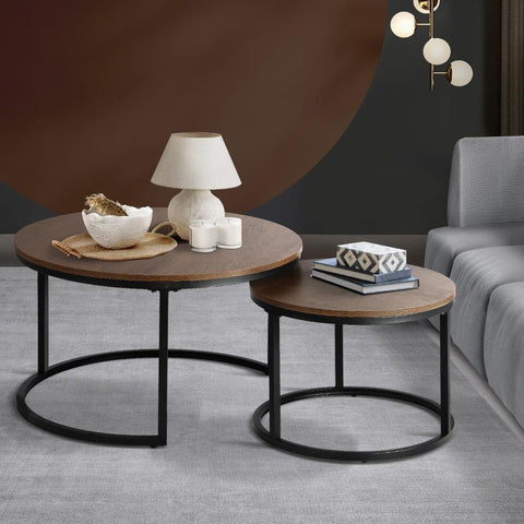 Set of 2 Coffee Table Round Nesting Side End Table Walnut & Black