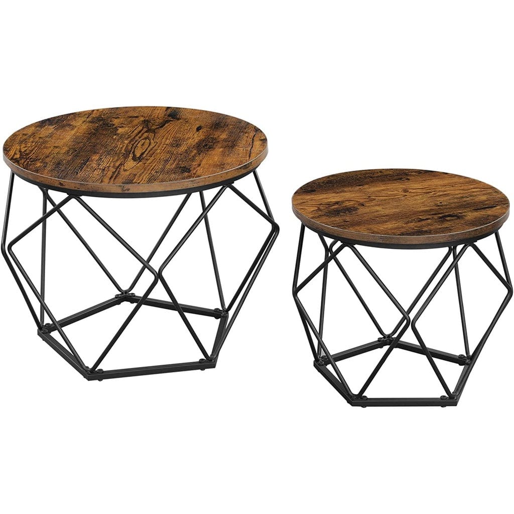 Set of 2 Rustic Brown and Black Coffee Tables with Robust Steel Frame