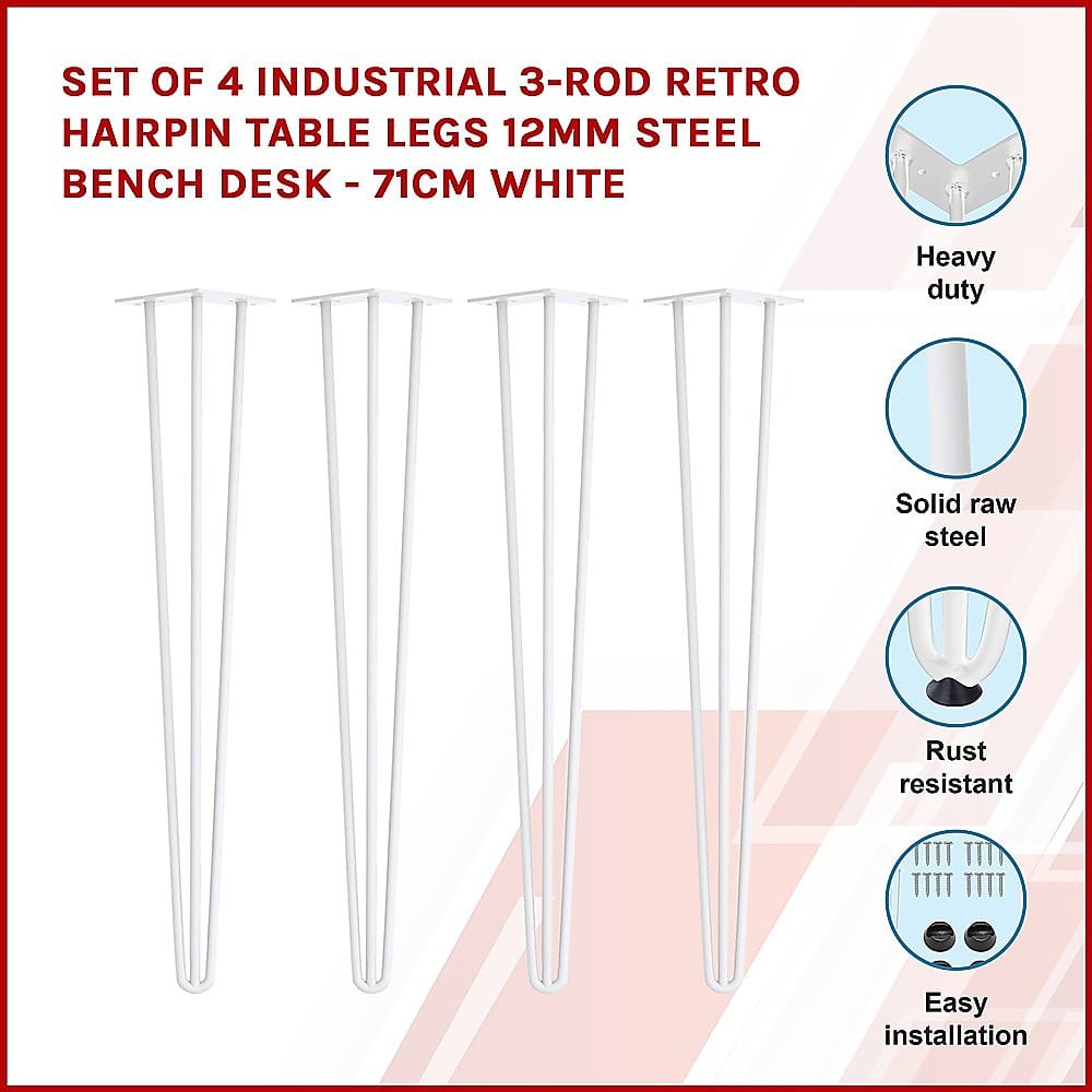 Set of 4 Industrial 3 - Rod Retro Hairpin Table Legs 71cm-White/Black