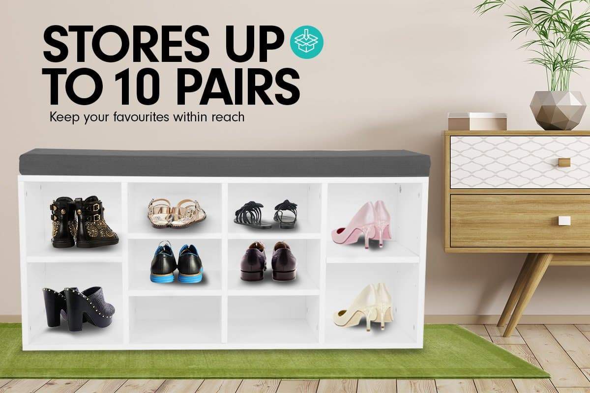 Shoe Rack Cabinet Organiser Grey Cushion - 104 x 30 x 45 - White