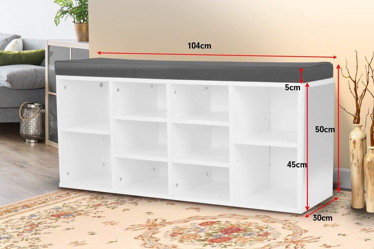 Shoe Rack Cabinet Organiser Grey Cushion - 104 x 30 x 45 - White