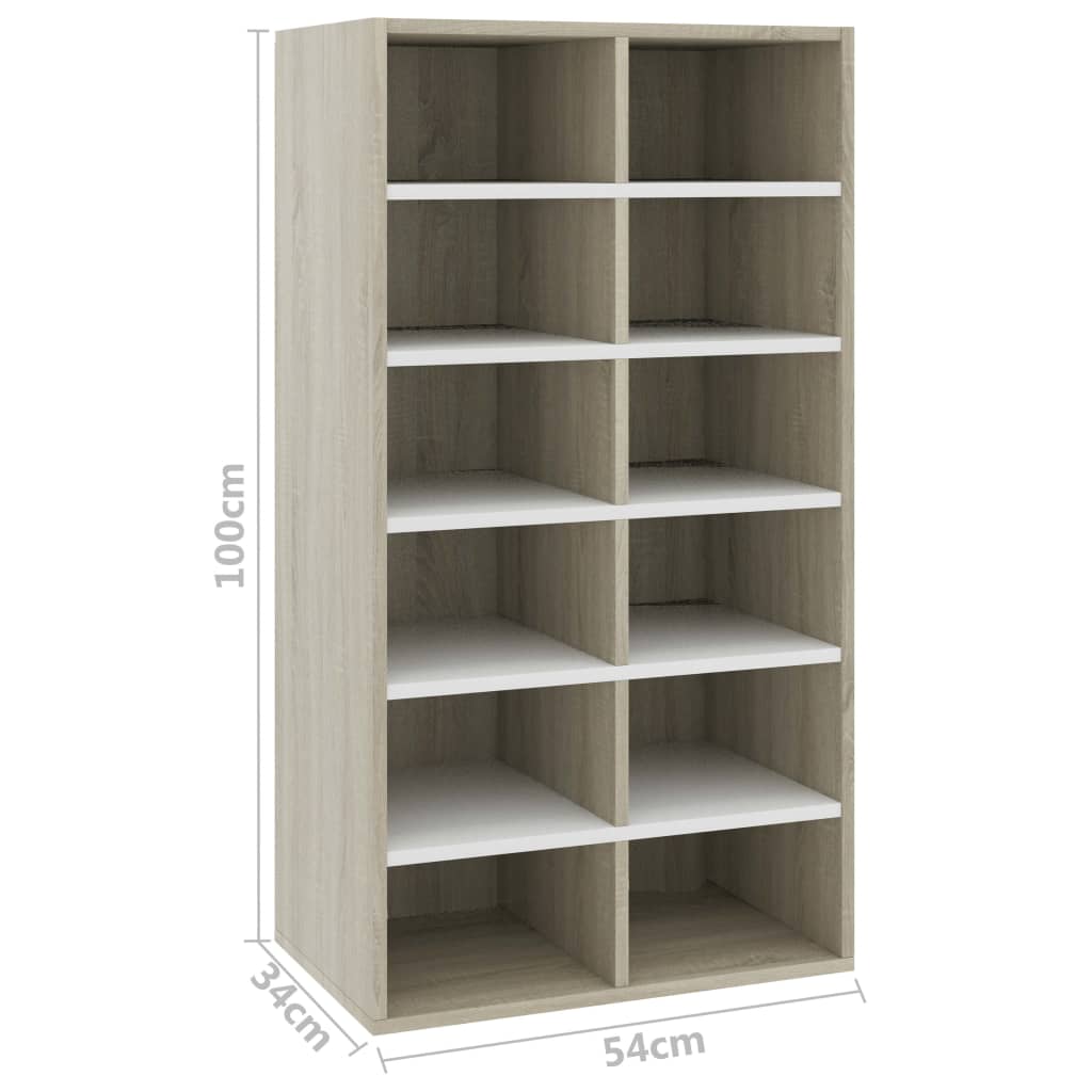 Shoe Rack White and Sonoma Oak 54x34x100 cm Chipboard