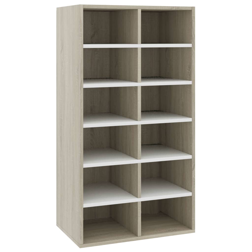 Shoe Rack White and Sonoma Oak 54x34x100 cm Chipboard