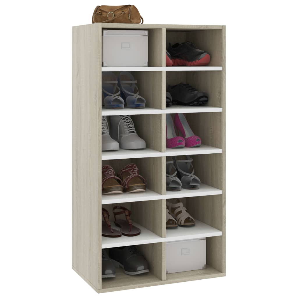 Shoe Rack White and Sonoma Oak 54x34x100 cm Chipboard
