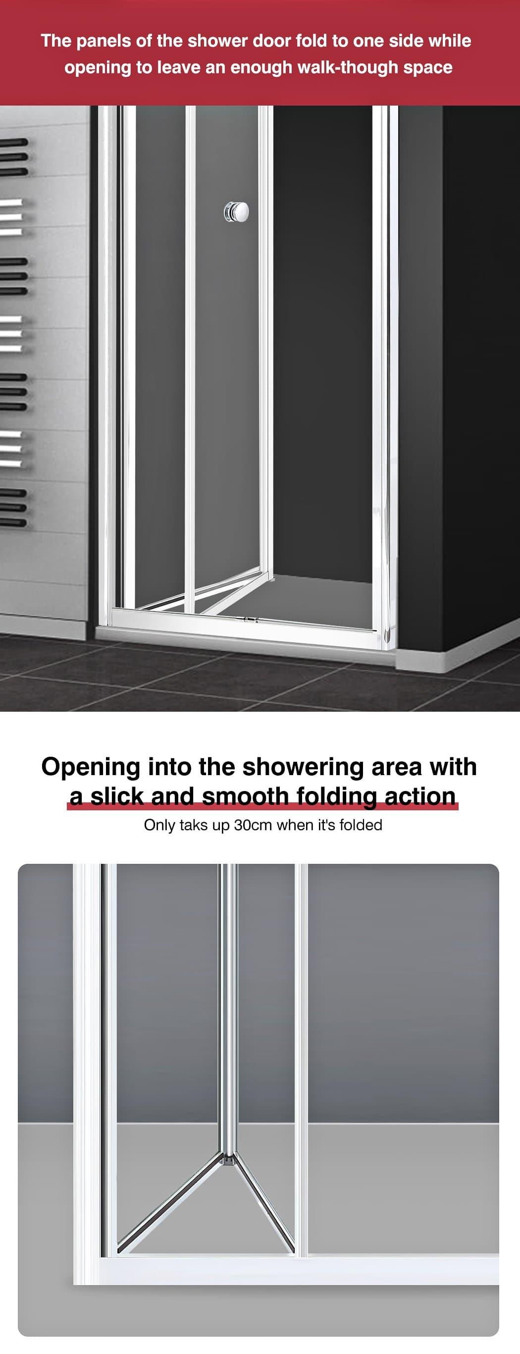 bathroom Shower Screen Door Enclosure Glass Panel Foldable 760X1900Mm