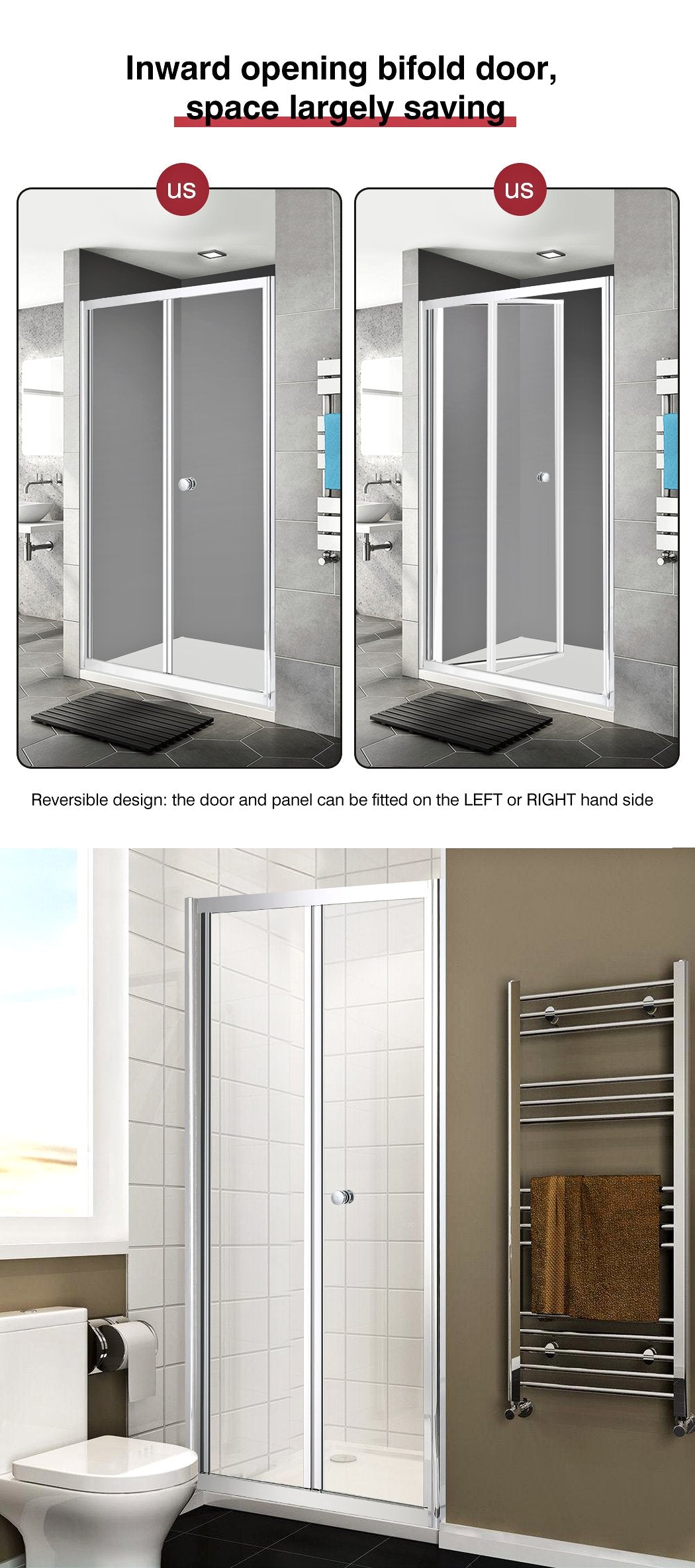 bathroom Shower Screen Door Enclosure Glass Panel Foldable 760X1900Mm