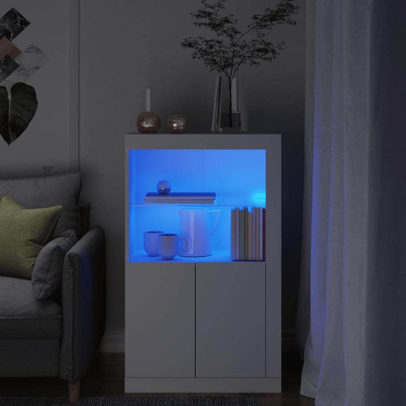 Side Cabinet with LED Lights White/Black Engineered Wood