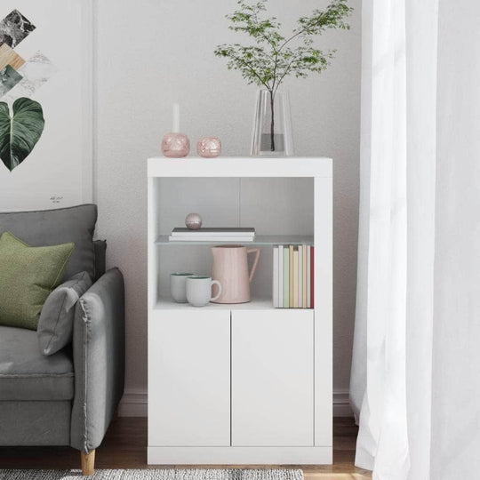 Wood finish - Side Cabinet with LED Lights White/Black Engineered Wood