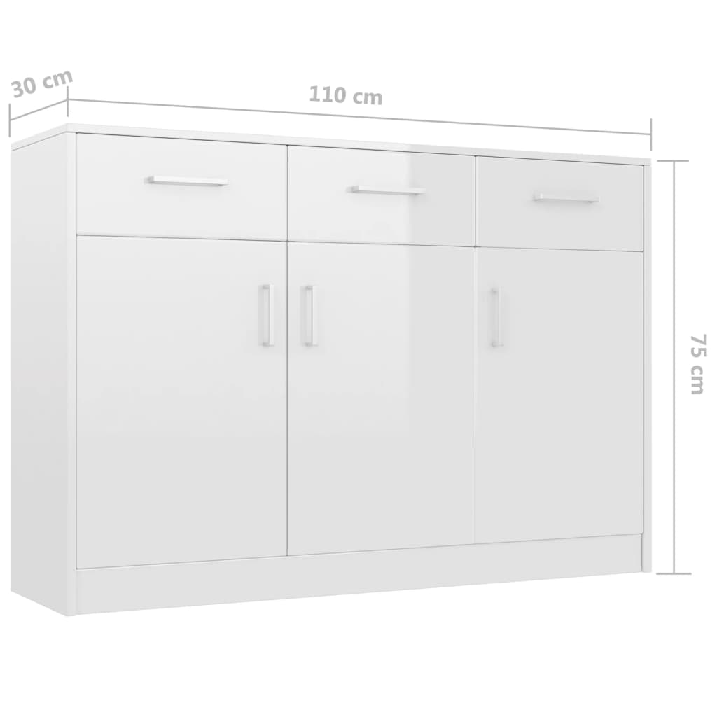 Sideboard High Gloss White 110x34x75 cm Chipboard