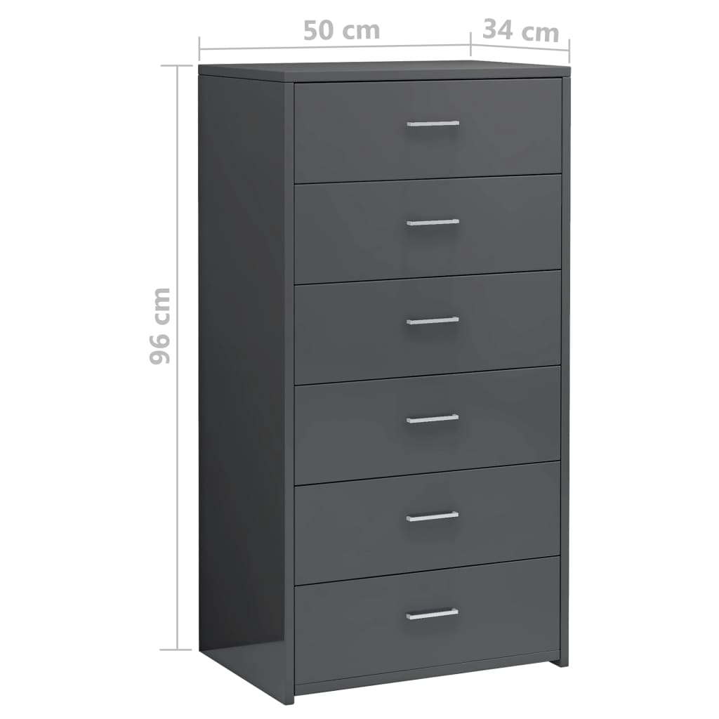 Sideboard with 6 Drawers High Gloss Grey 50x34x96 cm Chipboard