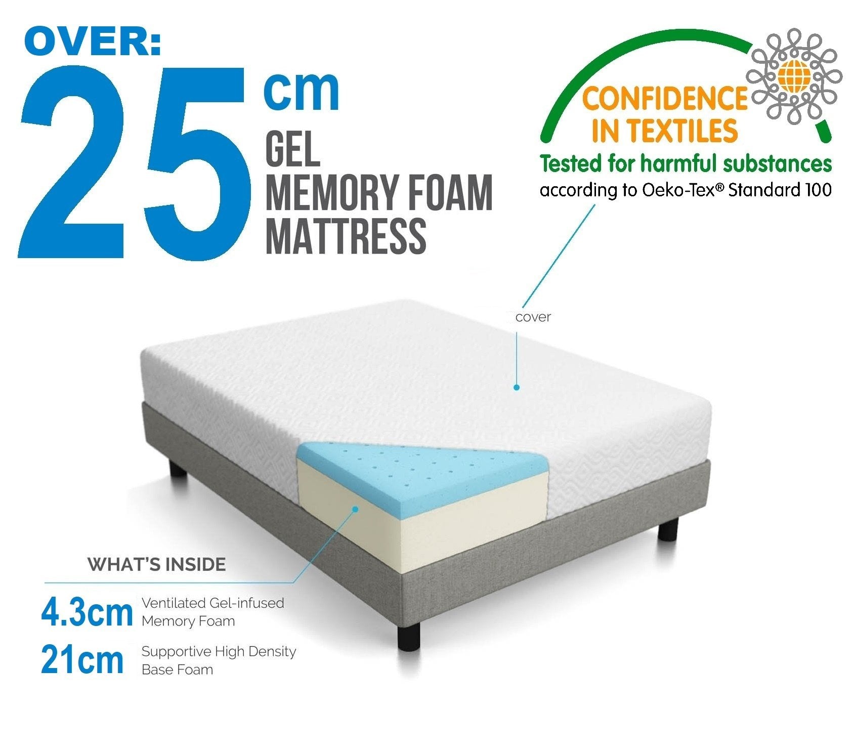 Mattresses King 25cm Gel Memory Foam Mattress - Dual-Layered - CertiPUR-US Certified