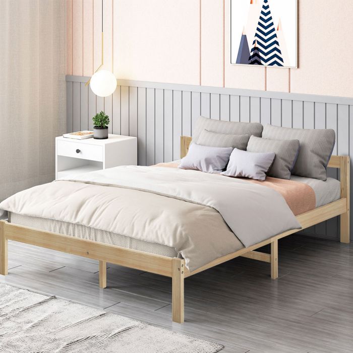 Solid Timber Pine Wood Bed Frame Queen-Natural