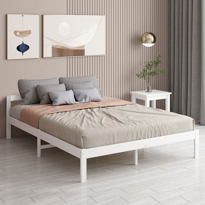 Solid Timber Pine Wood Bed Frame Queen -White