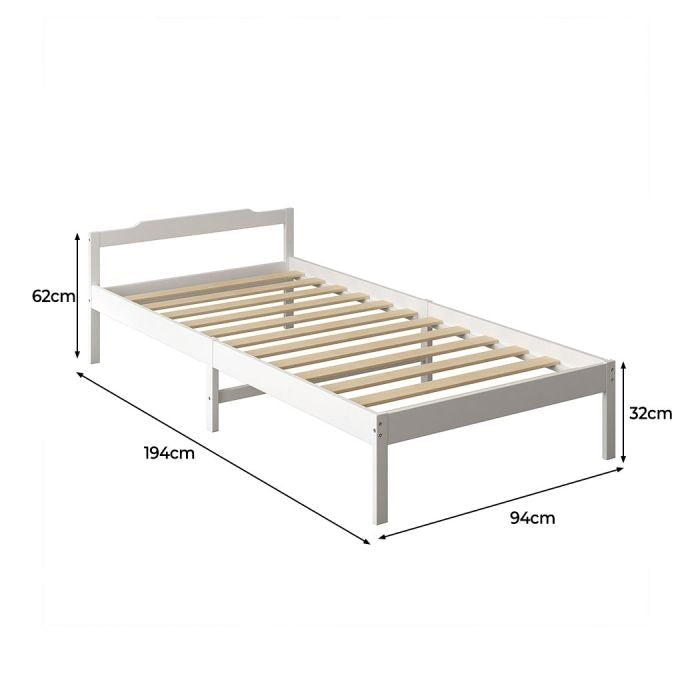 Solid Timber Pine Wood Bed Frame Single-White