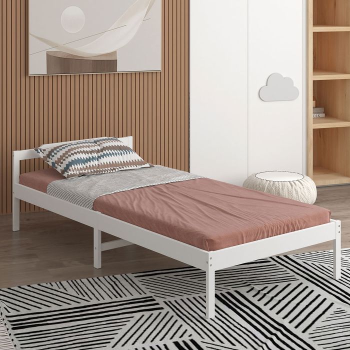 Solid Timber Pine Wood Bed Frame Single-White