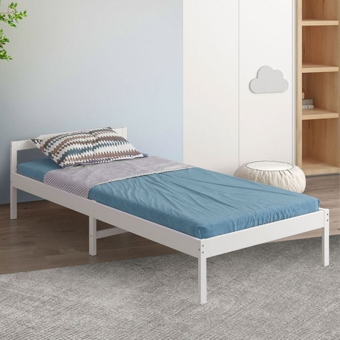 Solid Timber Pine Wood Bed Frame Single-White