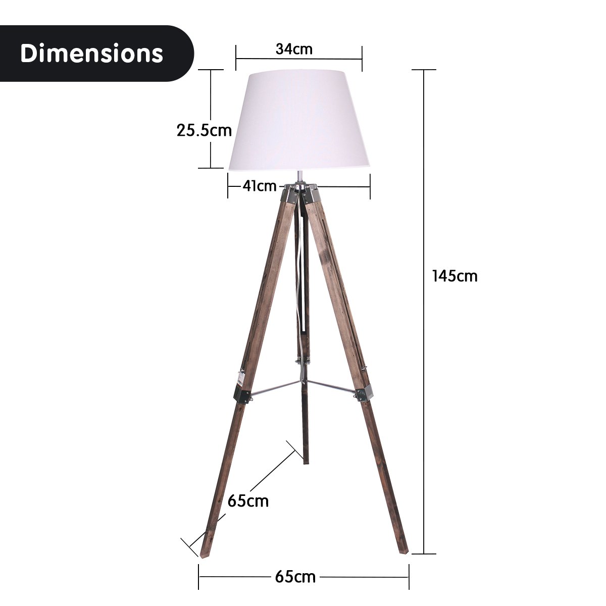 Solid Wood Tripod Floor Lamp Adjustable Height White Linen Taper Shade